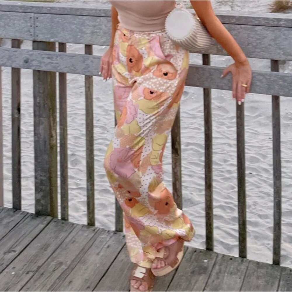 VRG GRL Valerie Wide Leg Floral Pants Peach Pink Daisy Print Size 6